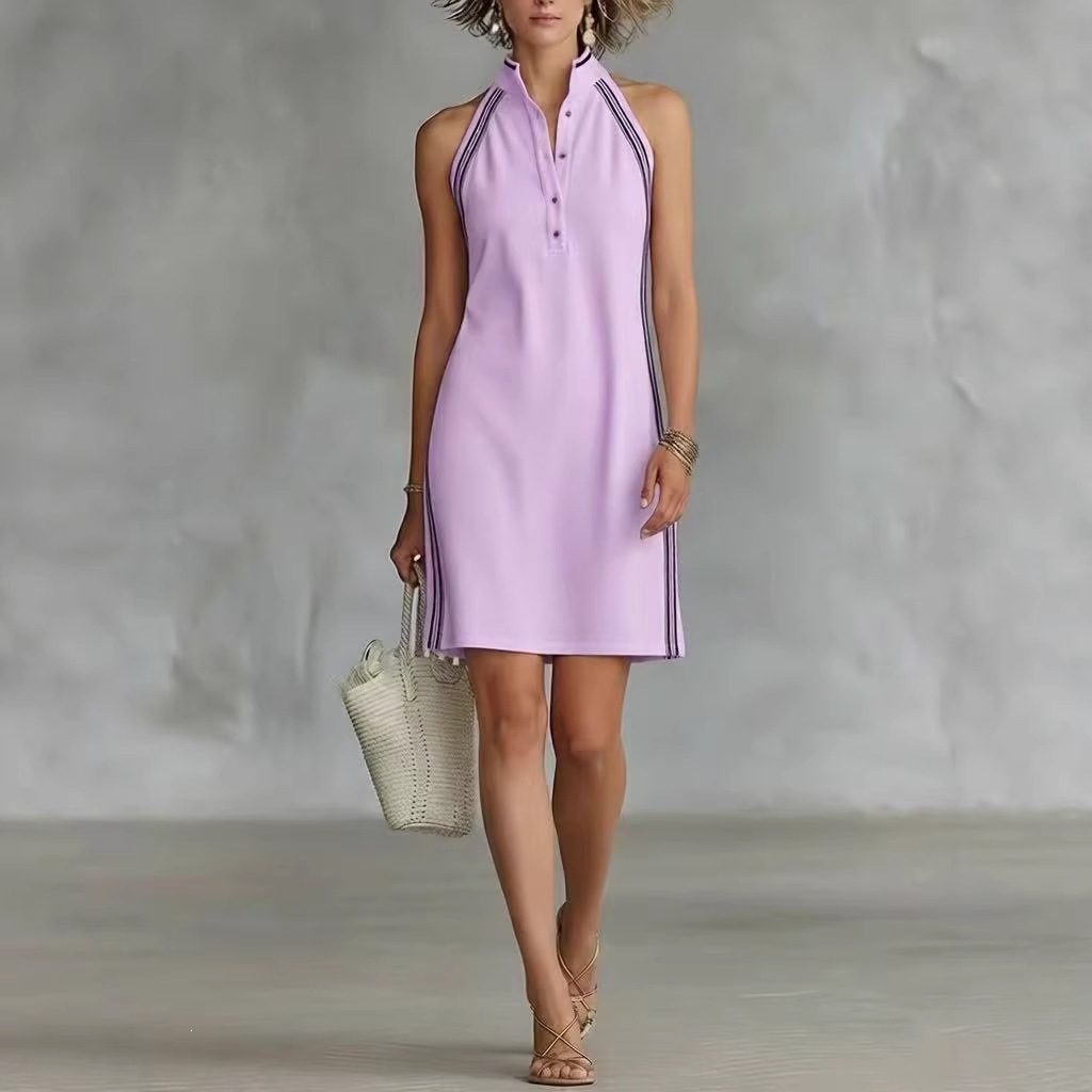 Solid Sleeveless Button Stand Collar Mini Dress