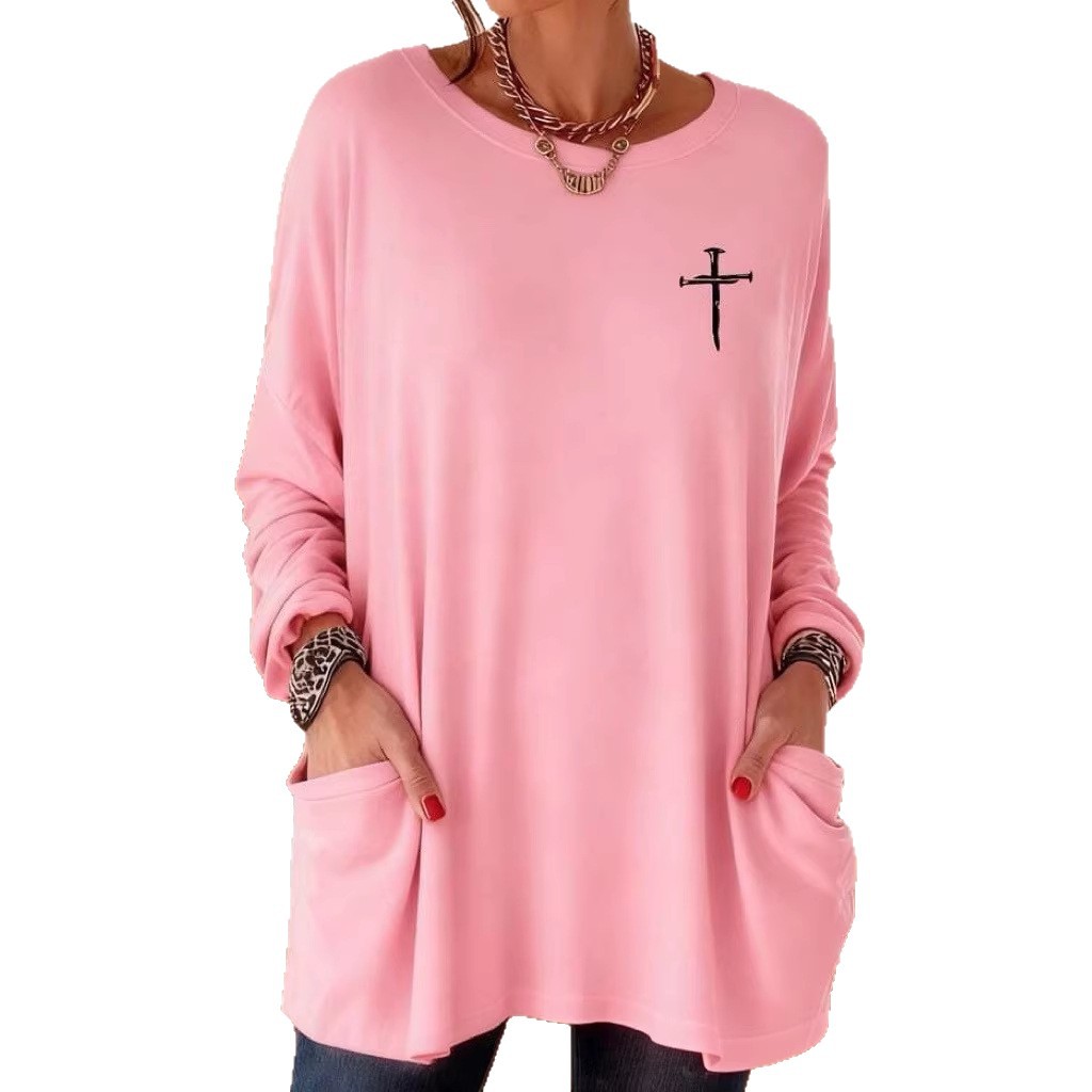 Women's Cross Print A-Line Midi Dress Long Sleeve Crew Neck Casual