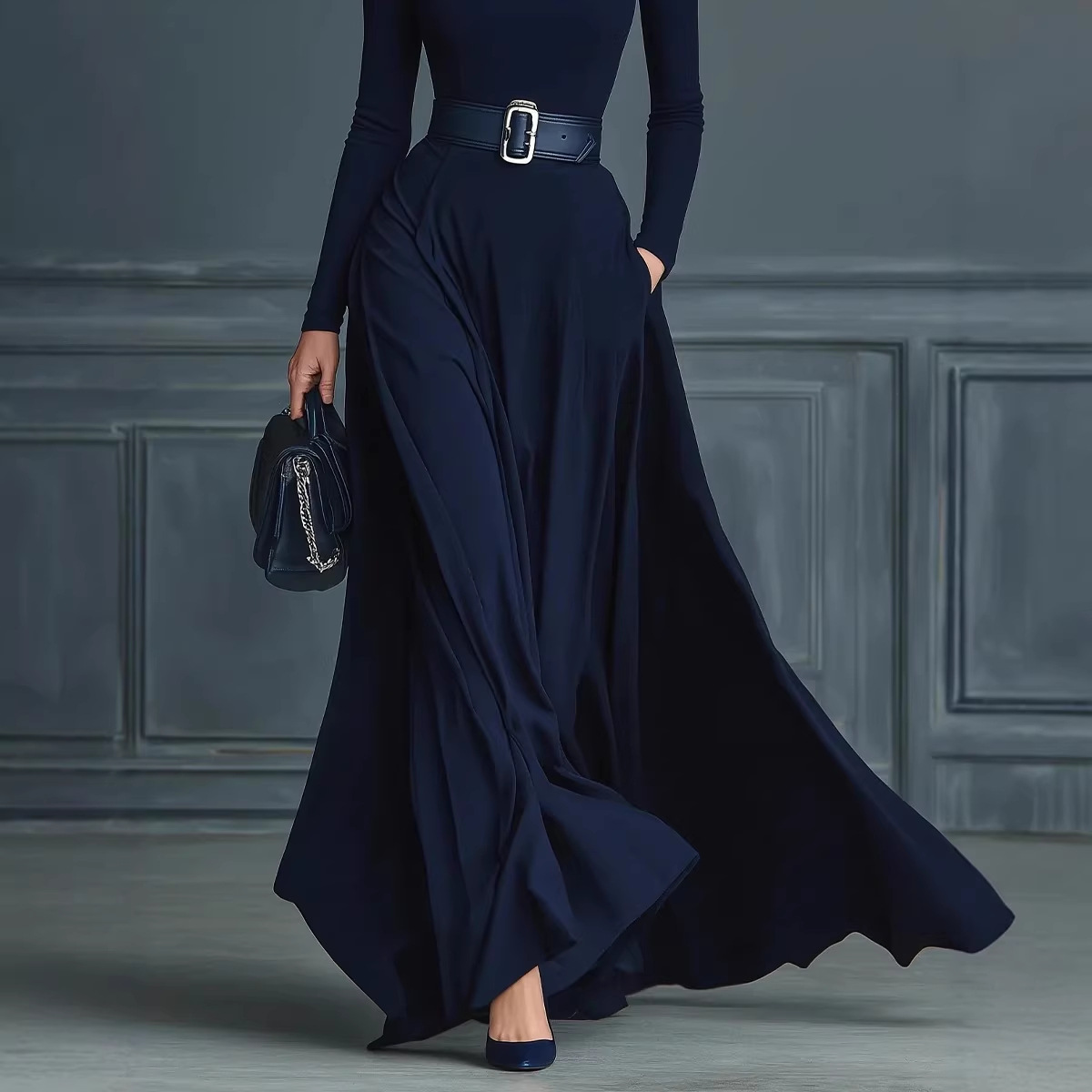 Long Sleeve Solid High Neck Waist-Cinching Maxi Dress