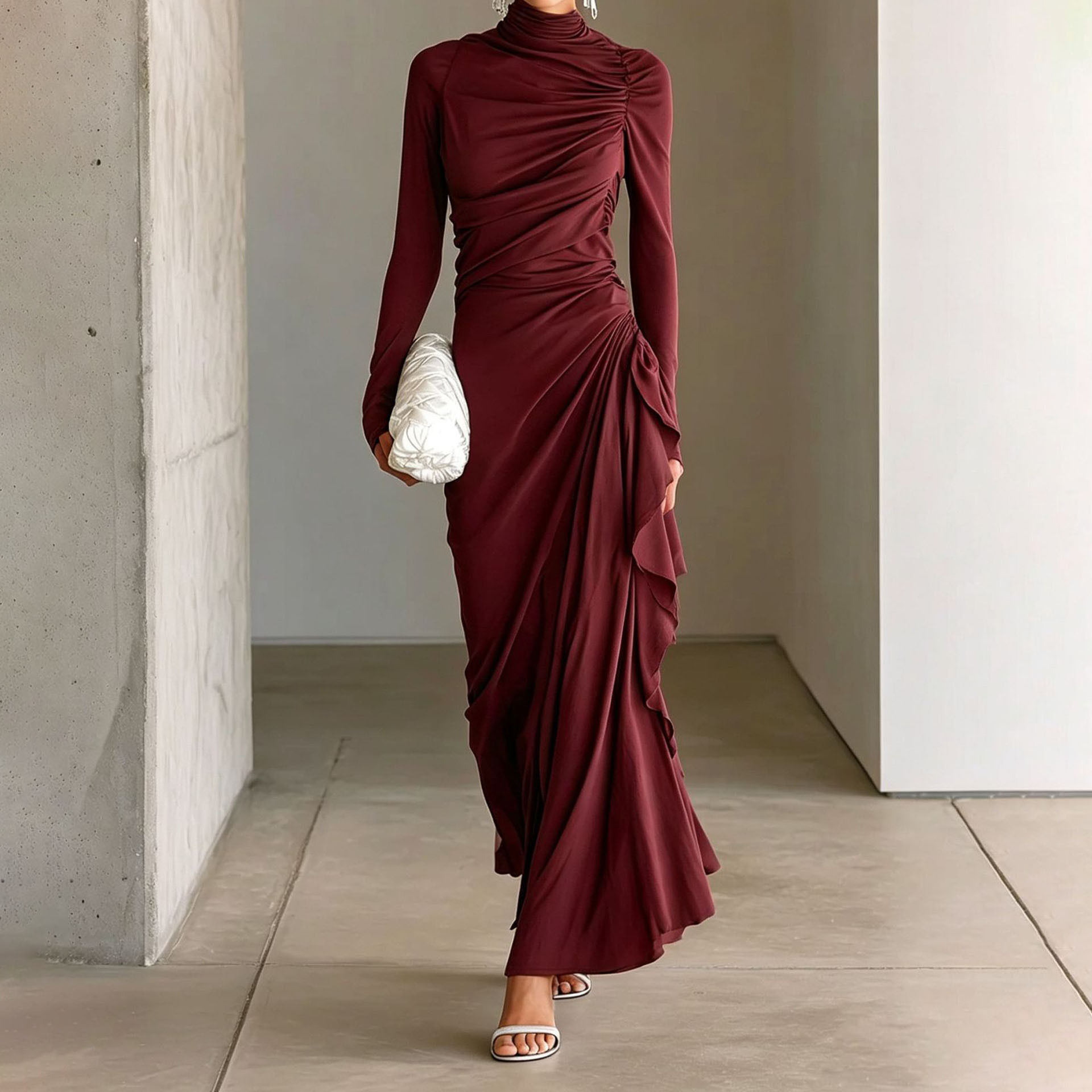 High-Neck Ruched Bodycon Long-Sleeve Dress