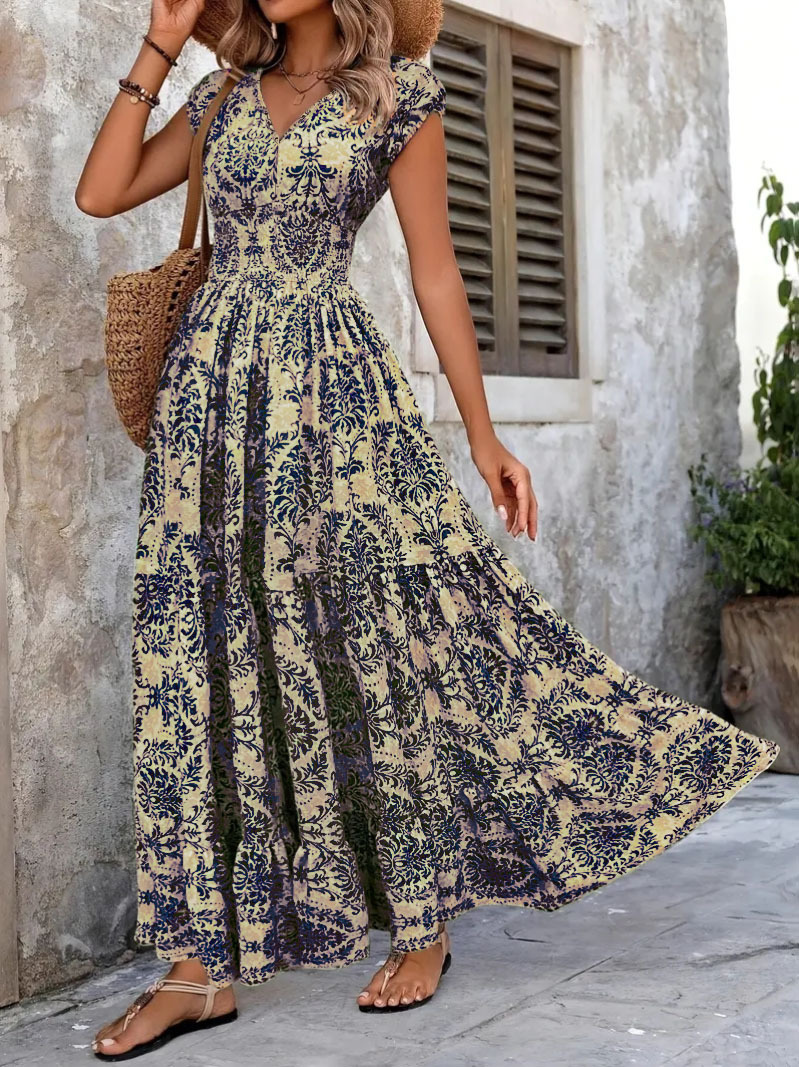 Vintage Floral Print V-Neck Short Sleeve Long Dress