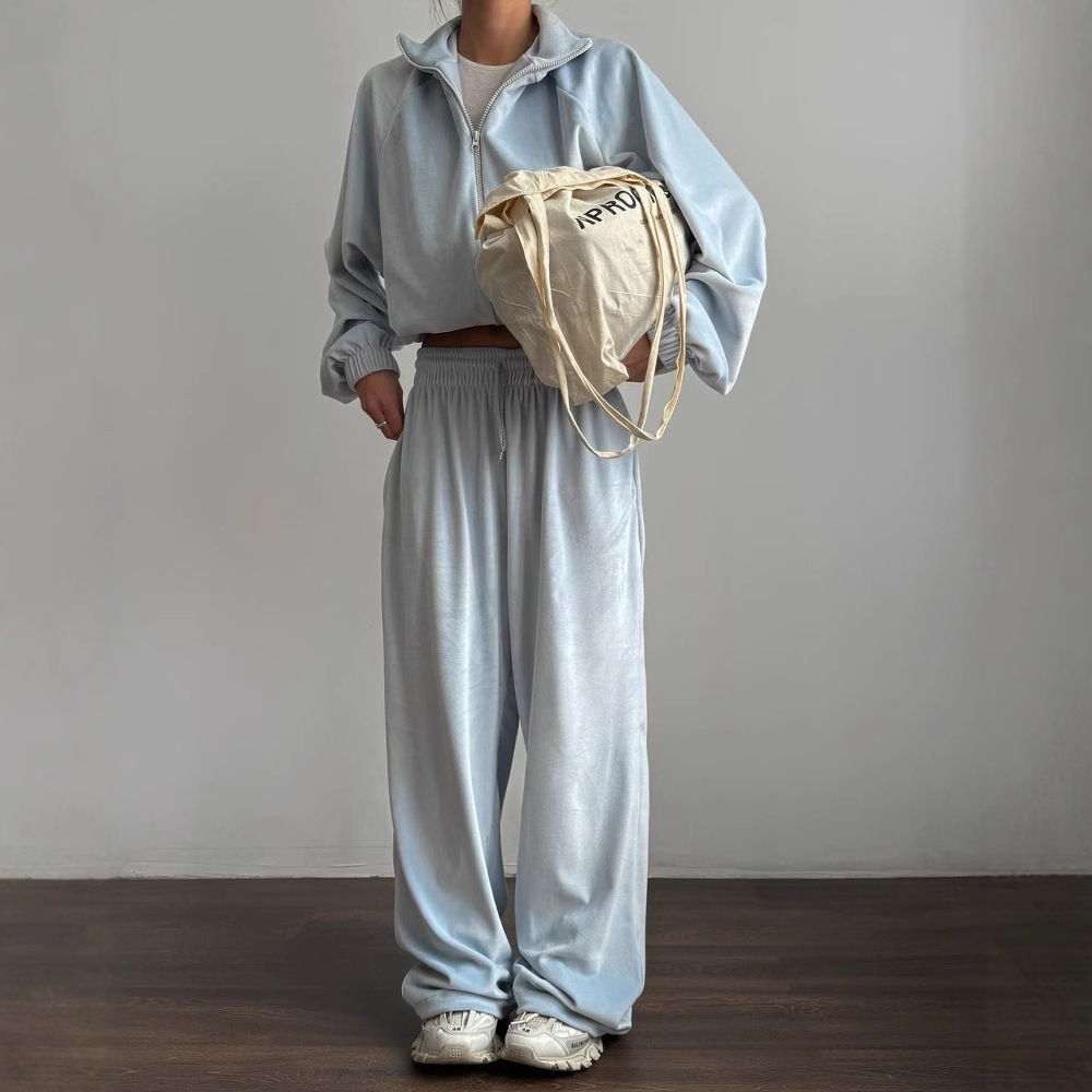Women's Solid Color Zip-Up Cardigan and Pants Two-Piece Set