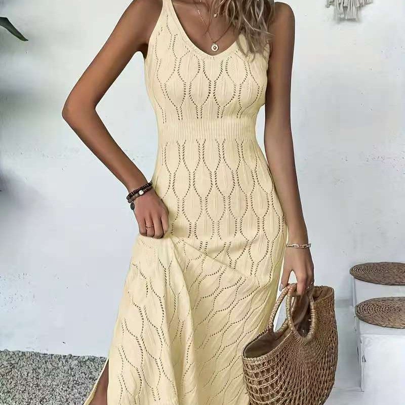 Women's Sleeveless V-Neck Hollow-Out Knit Beach Dress