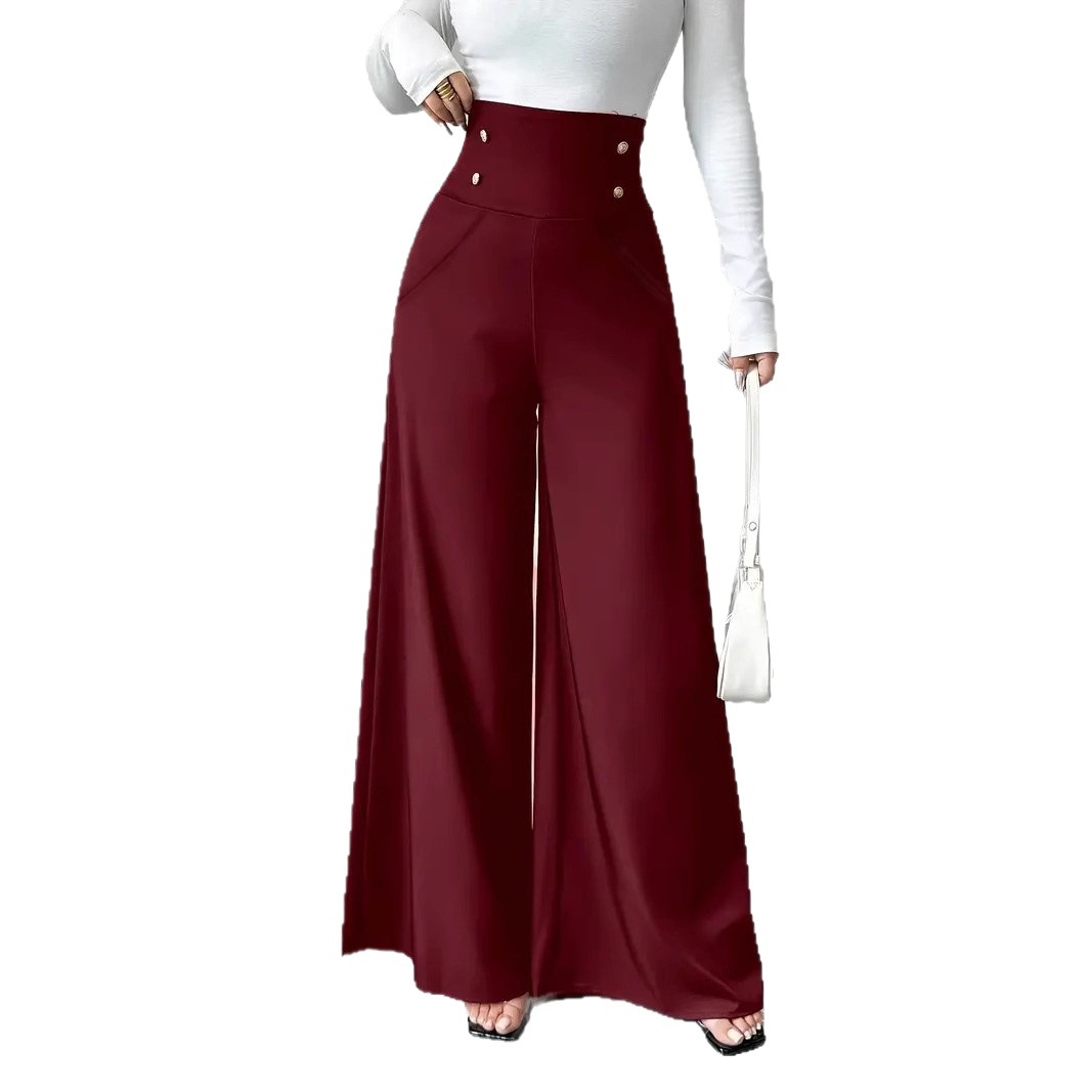 Minimalist High-Waist Tummy-Control Black Wide-Leg Pants with Pockets for Work