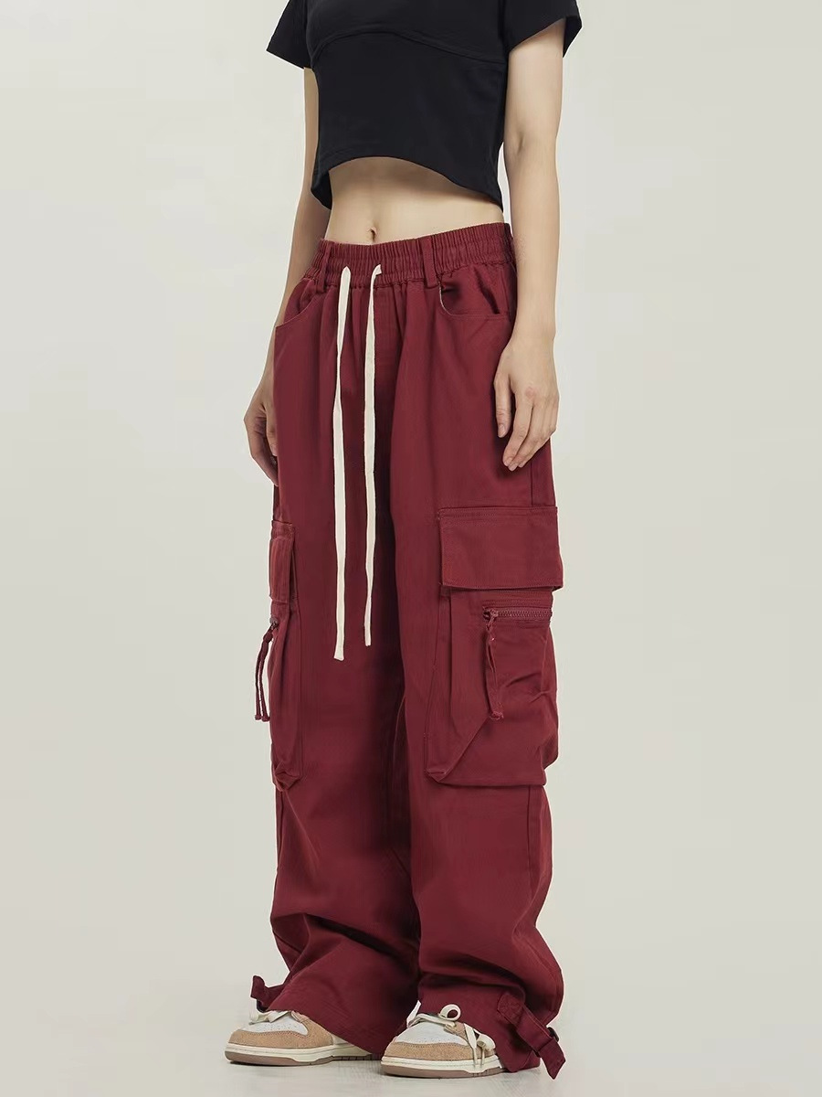Wide-Leg Red Cargo Pants Streetwear