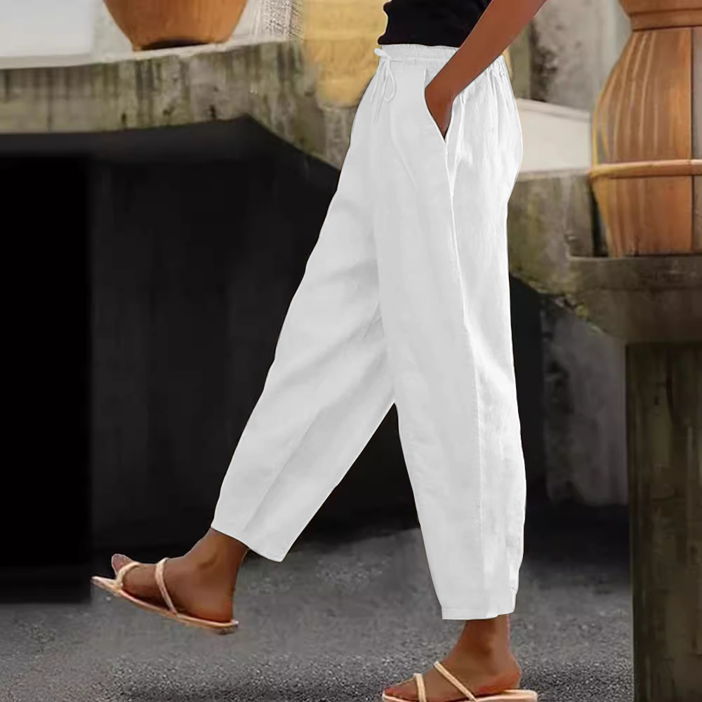 Women's Cotton-Linen Blend Solid Color Casual Pants with Side Pockets and Drawstring