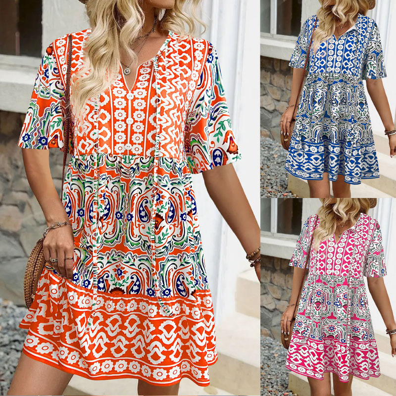 V-Neck Boho Geometric Print Short Dress