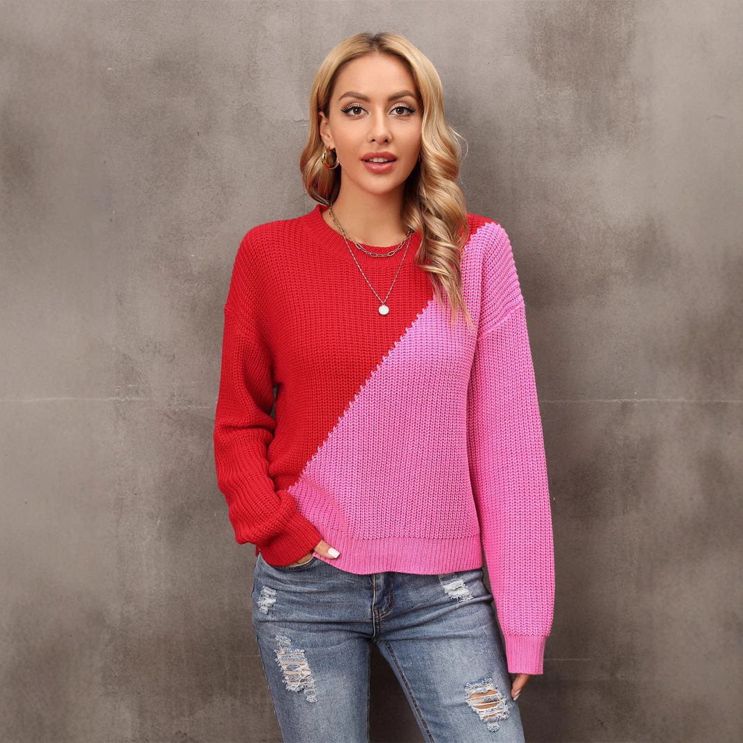 Women's Color-Block Pullover Sweater Rose Red Loose Knit
