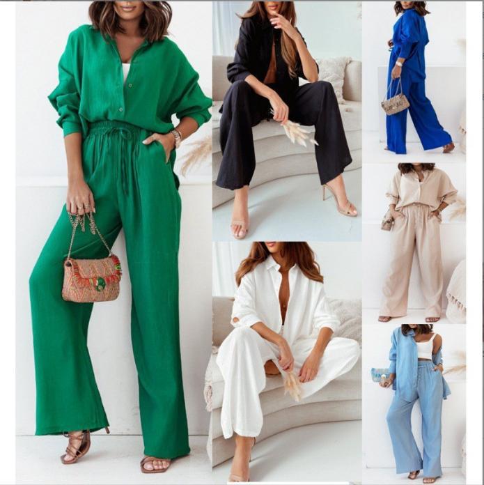 Women's Relaxed Stretch Crinkle Long Sleeve Shirt & Wide Leg Pants 2-Piece Set