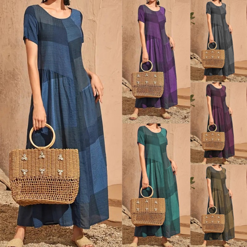 Retro Plaid Print Patchwork Loose Waist Long Dress
