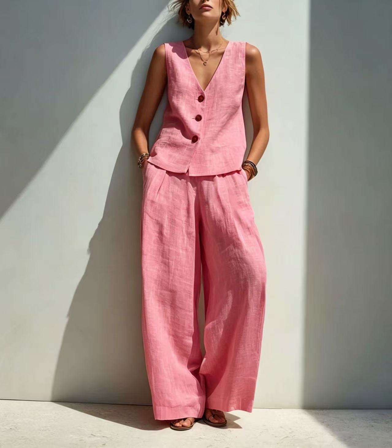 Linen-Blend V-Neck Button Tank Top & High-Waist Wide-Leg Pants Set