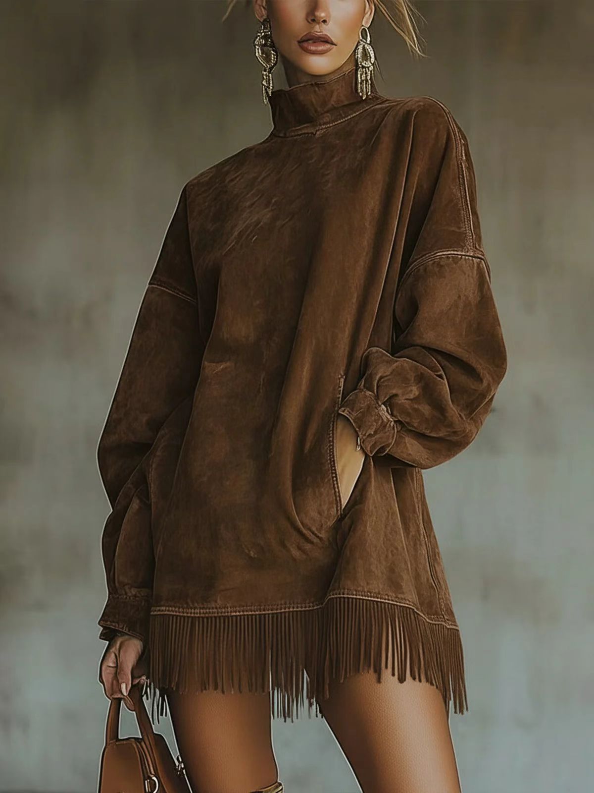 High Neck Faux Suede Tassel Long Sleeve Dress