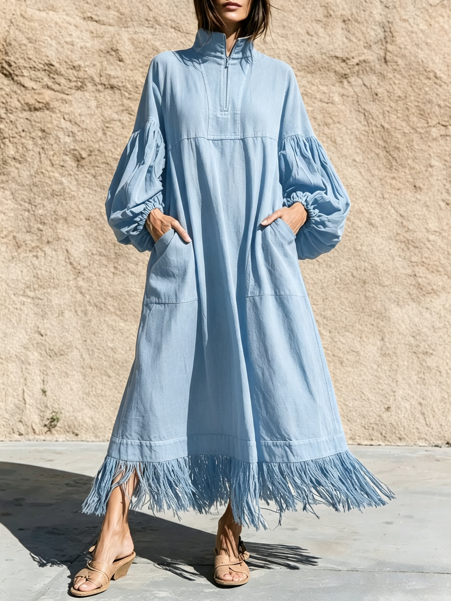 Women's Stand Collar Zip Lantern Sleeve Loose Dress with Fringe Hem