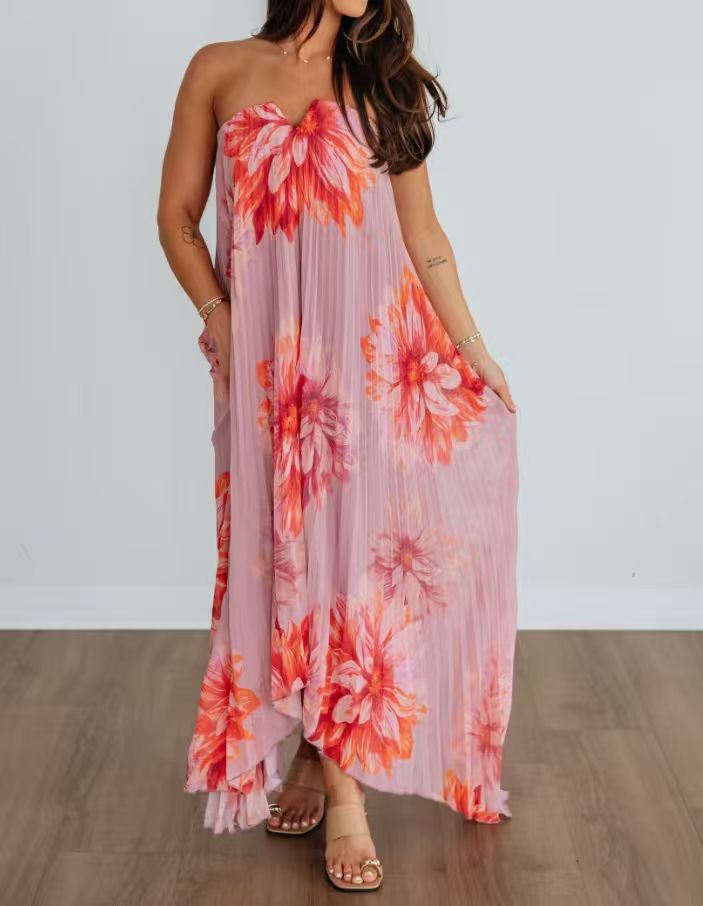 Pink Orange-Red Floral Strapless Pleated Maxi Dress