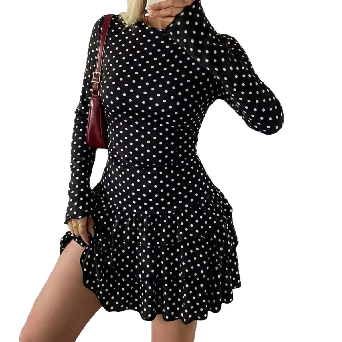 Women's Printed Long Sleeve Ruffle Hem Mini Dress