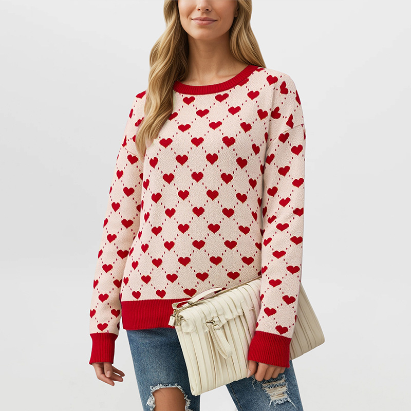 Women's Loose Oversized Heart Colorblock Crewneck Pullover Sweater
