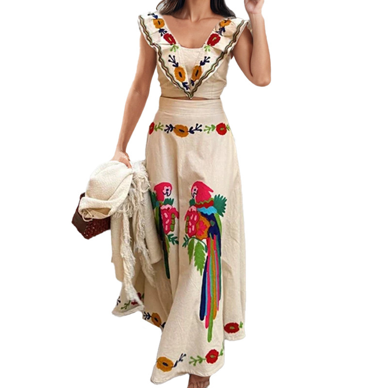 Women's Summer Floral Print Ruffle Top and Skirt Two-Piece Set