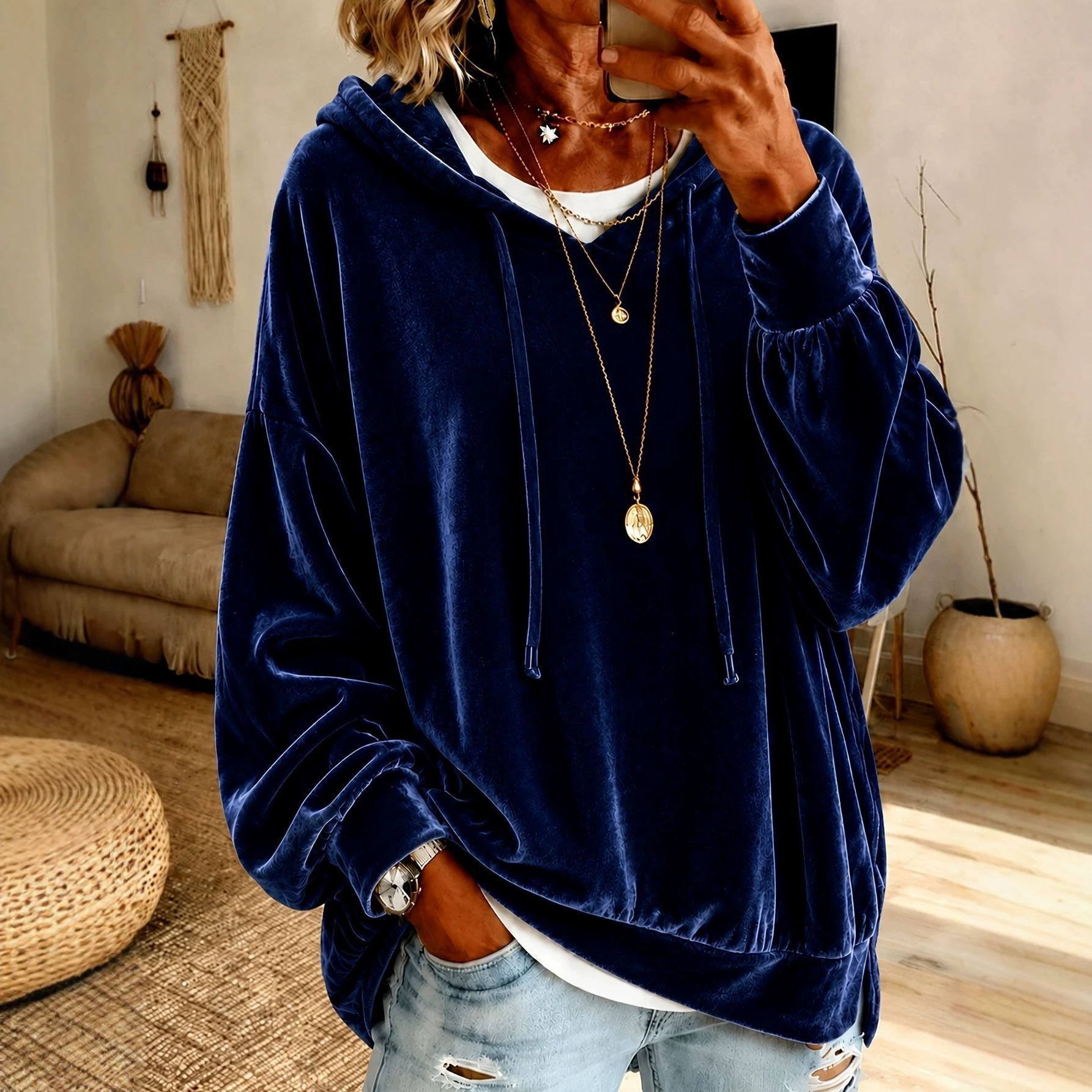Women's Loose Drawstring Velvet Hooded Top