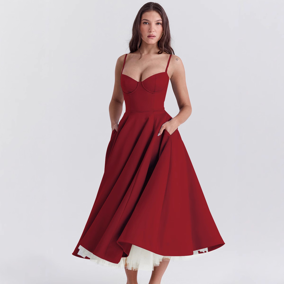 Women's French Style Tulle Double-Layer Cami Maxi Dress with Full Skirt