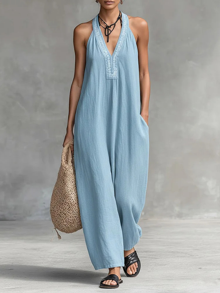 Women's V-Neck Halter Printed Jumpsuit Casual Vacation Sleeveless
