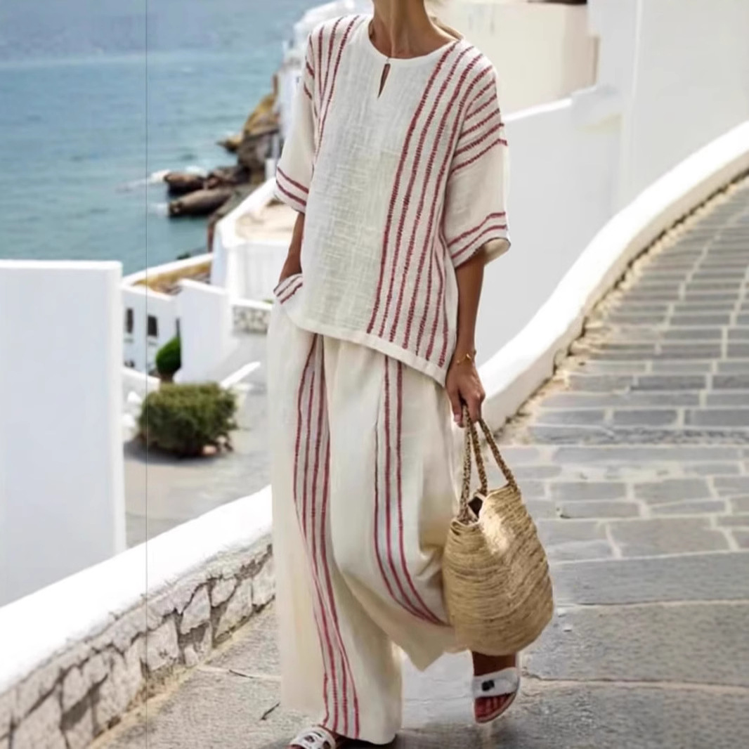 Striped Short Sleeve Top and Pants 2-Piece Set