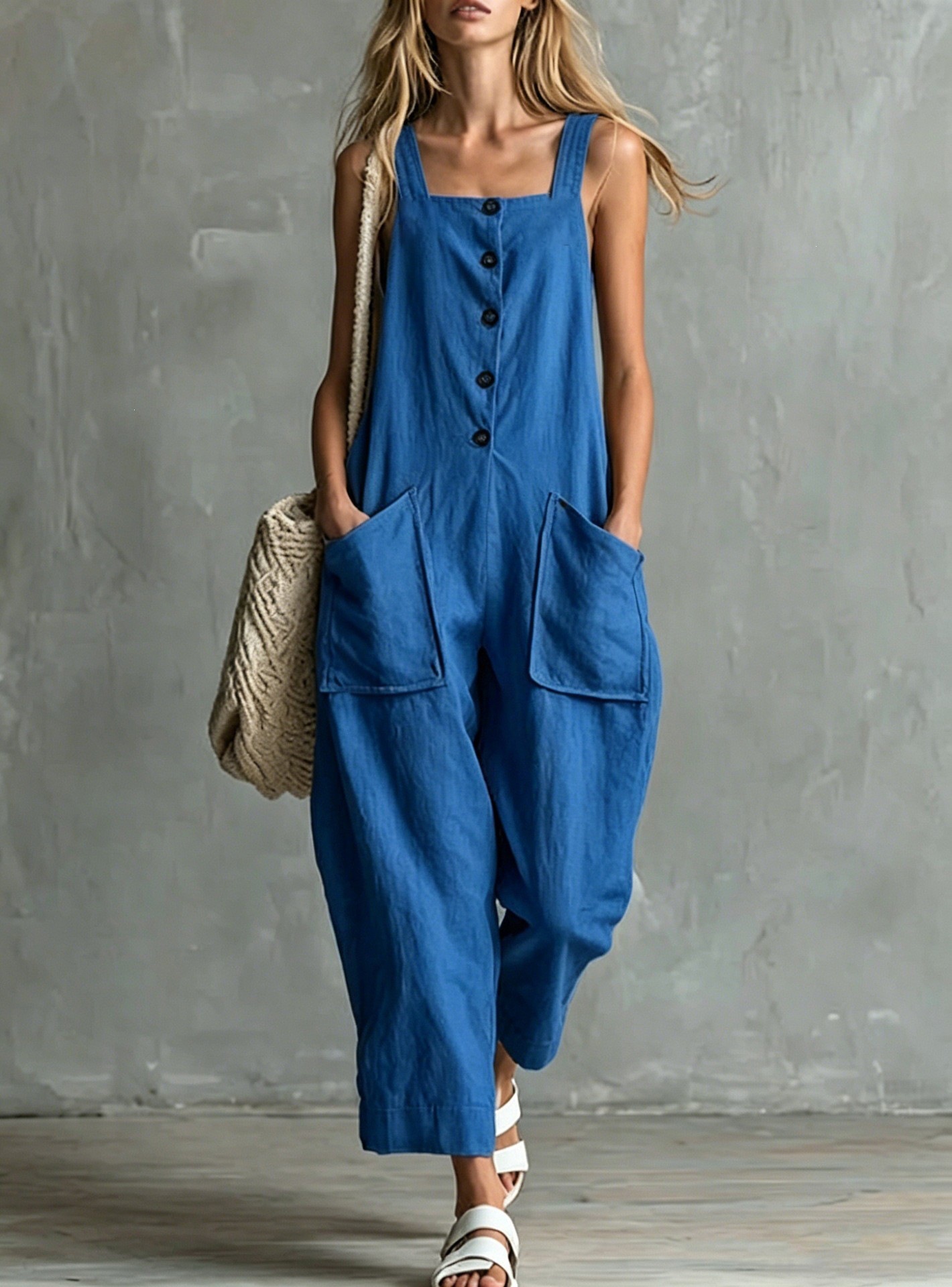 Women's Linen-Blend Wide-Leg Jumpsuit with Pockets