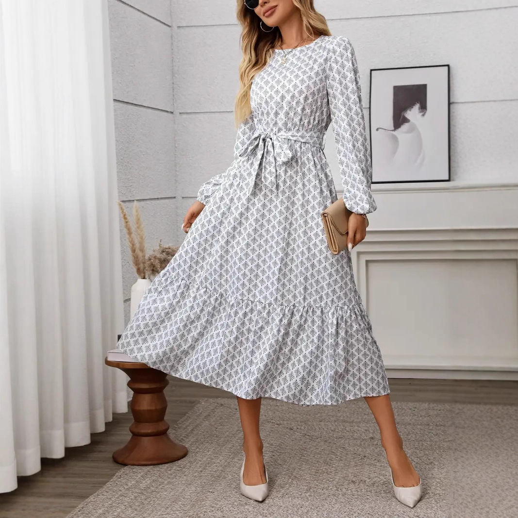 Elegant Floral Print Lantern Sleeve Ruffle Hem Tie-Waist Long Dress