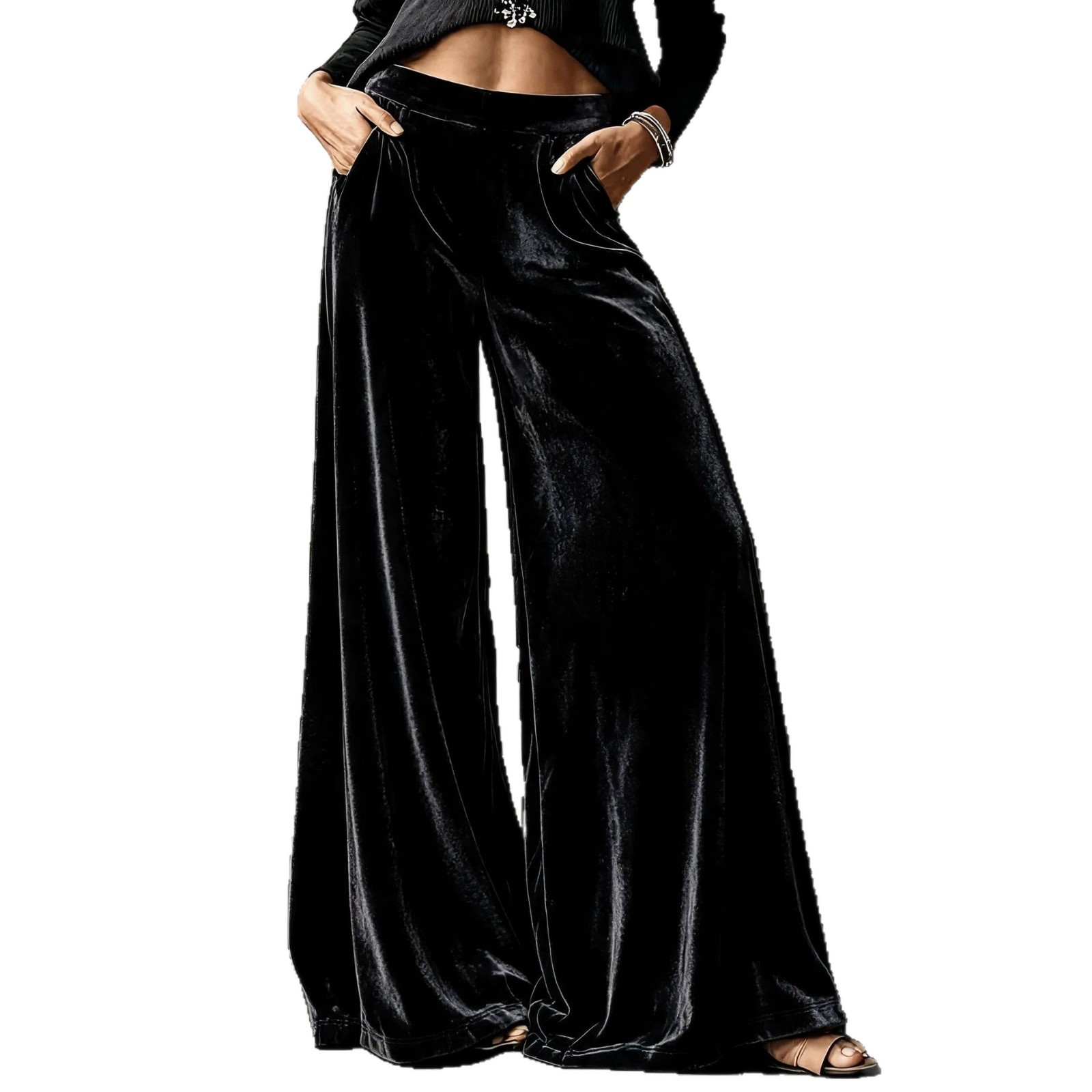 Solid Velvet High-Waist Wide-Leg Pants with Pockets