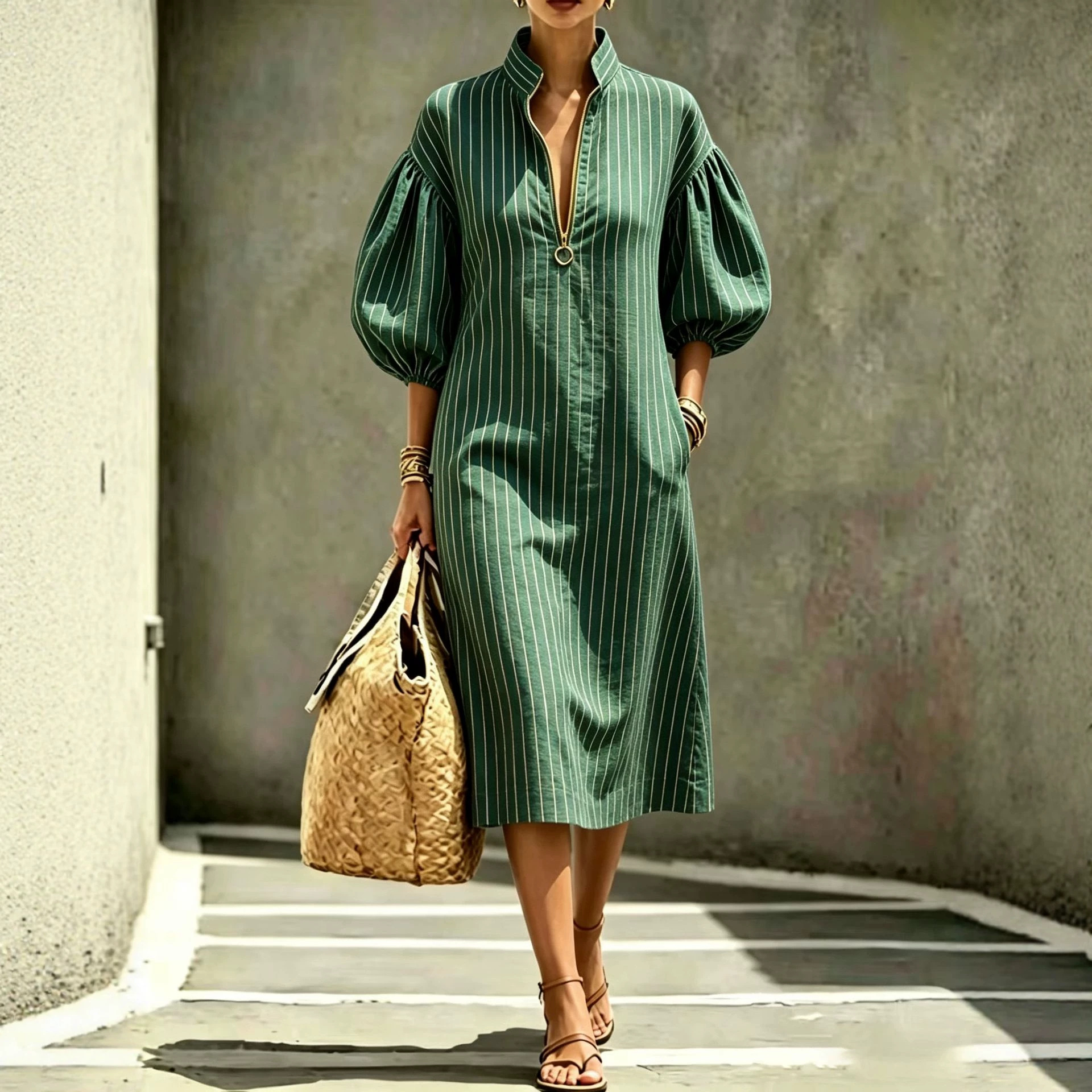 Women's Casual Loose Stand Collar Puff Sleeve Half-Zip Midi Dress