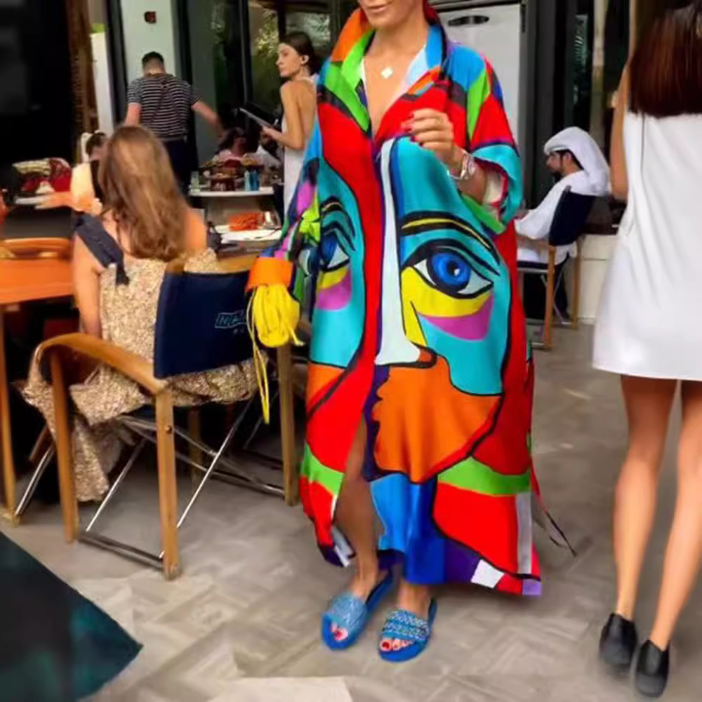Women's Loose Colorful V-Neck Button Long Sleeve Dress