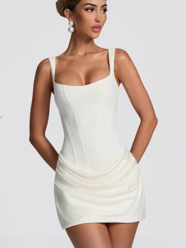 Women's Sleeveless Square Neck Bodycon Mini Dress with Waist Tie