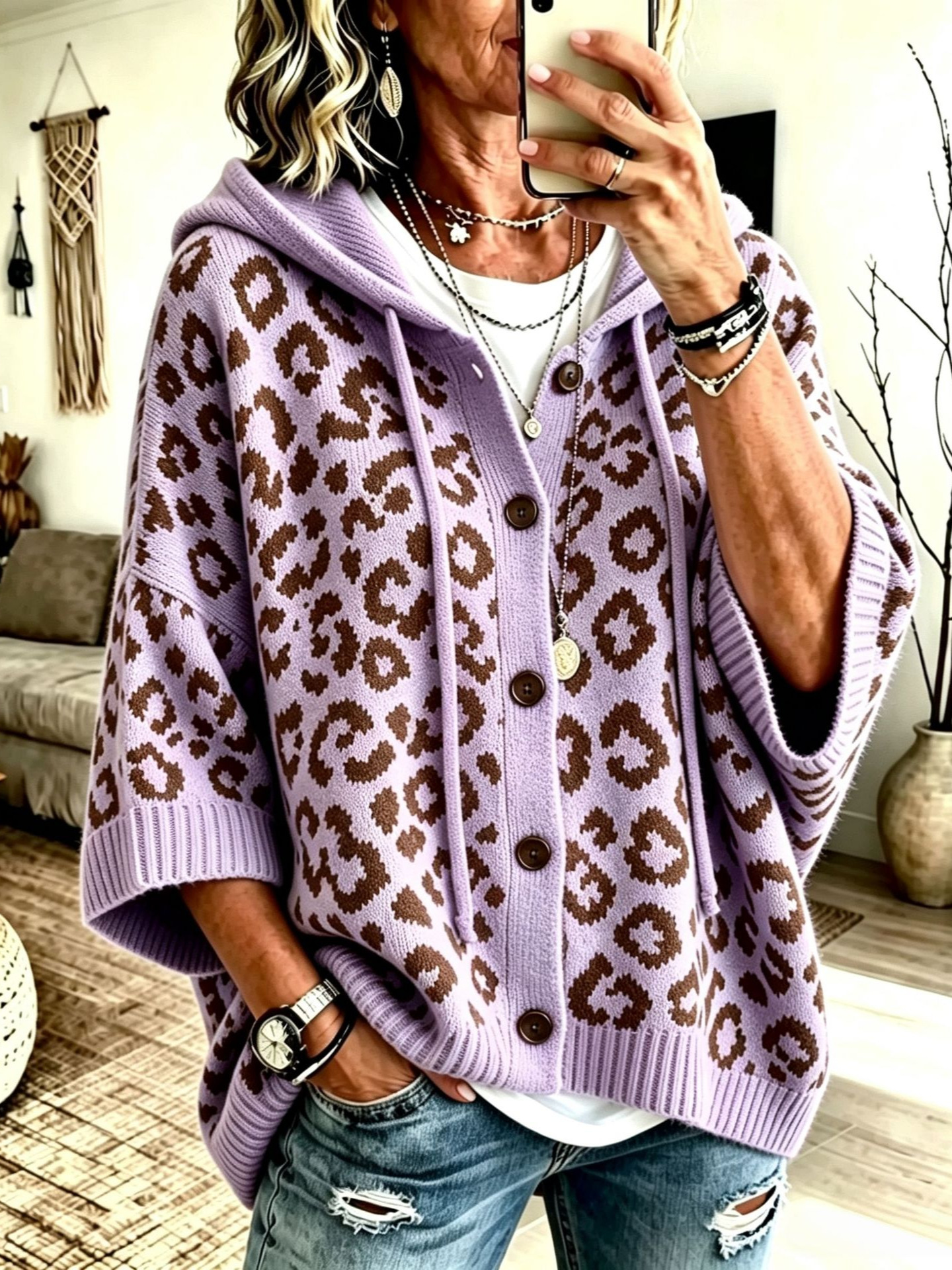 Leopard Print Button-Up Hooded Knit Cardigan Sweater