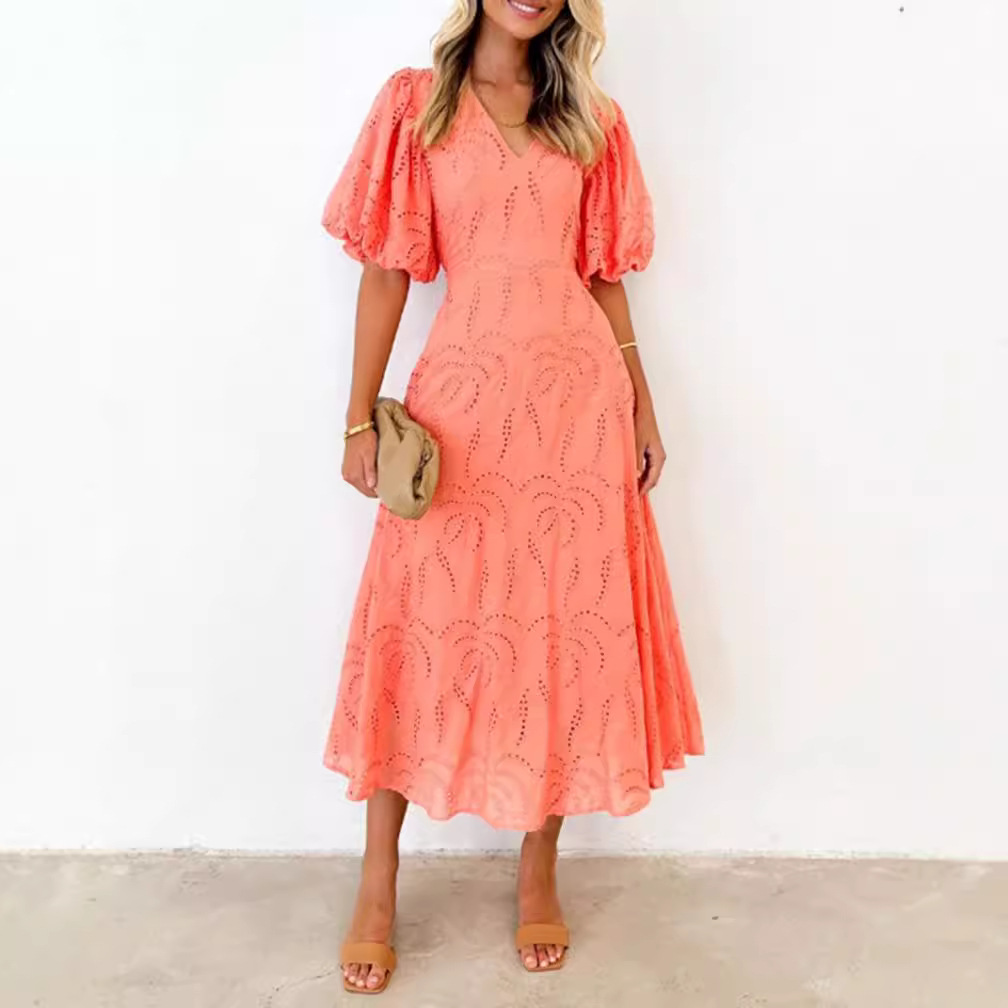 Solid Cutout V-Neck Short Sleeve Waist-Defining Midi Dress