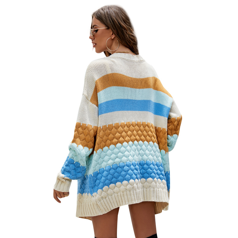 Women's Color-Block Knit Cardigan Sweater Coat Loose Mid-Length