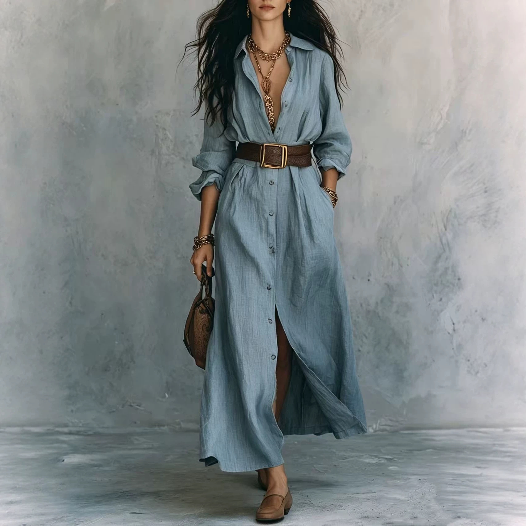 Collared Button-Front Slit Shirt Dress with Wide Belt