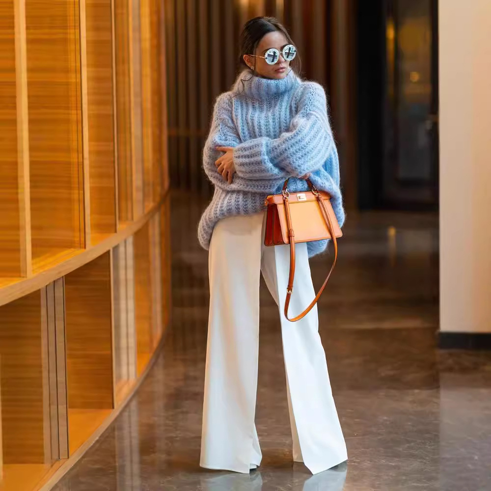 Fluffy Long-Sleeve Turtleneck Pullover Sweater