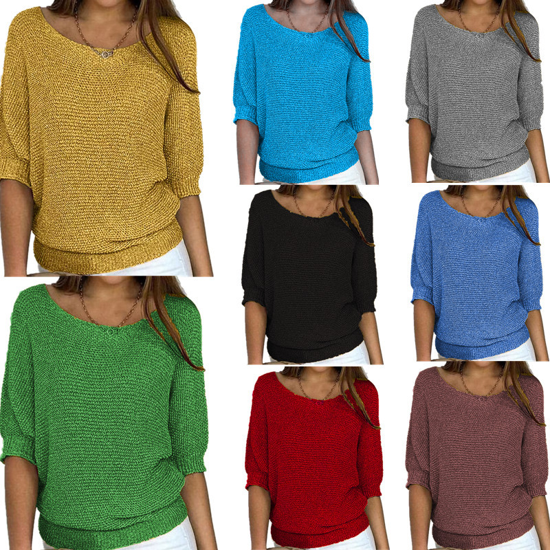Women's Solid Crewneck Knit Top with Three-Quarter Sleeves
