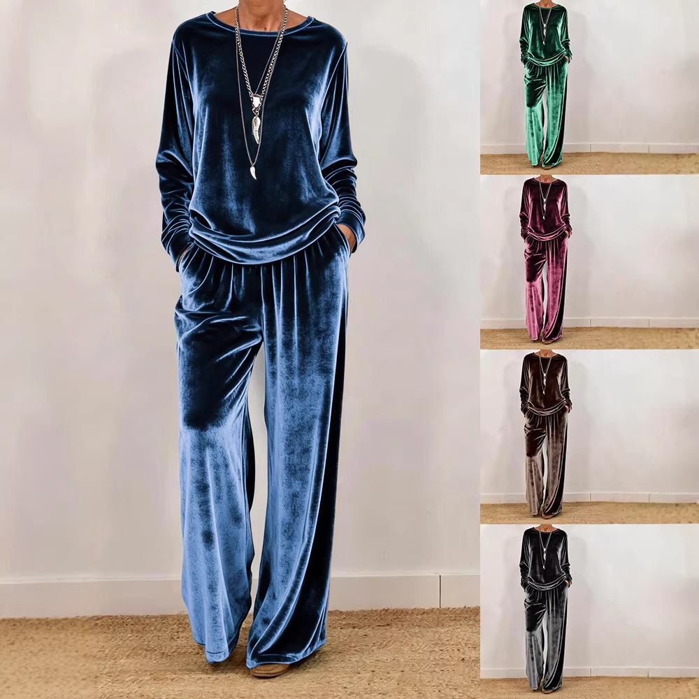 Women's Velvet Lounge Set Crewneck Long Sleeve Top & Pants