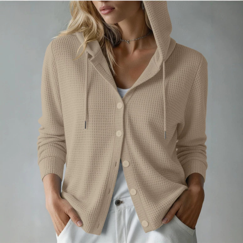Waffle Knit Hooded Button-Front Cardigan