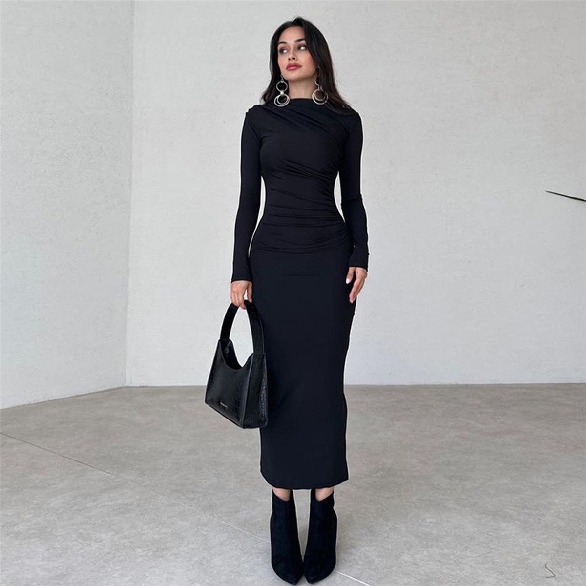 Women's Slim Fit Long Sleeve Bodycon Dress Solid Color High Waist