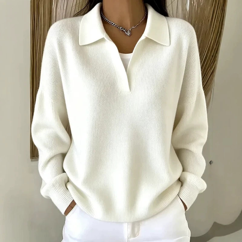 Ribbed Knit Polo Sweater with Collar, Loose V-Neck Pullover, Casual Slimming Fit
