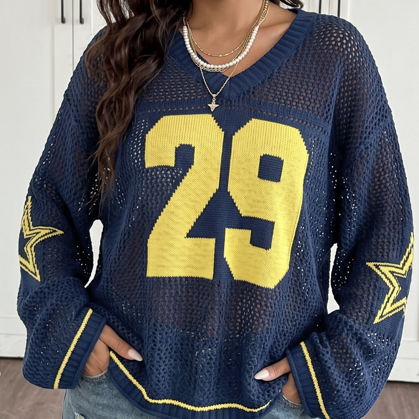 Women's Sheer Open-Knit V-Neck Long-Sleeve Jersey Cover-Up Tee