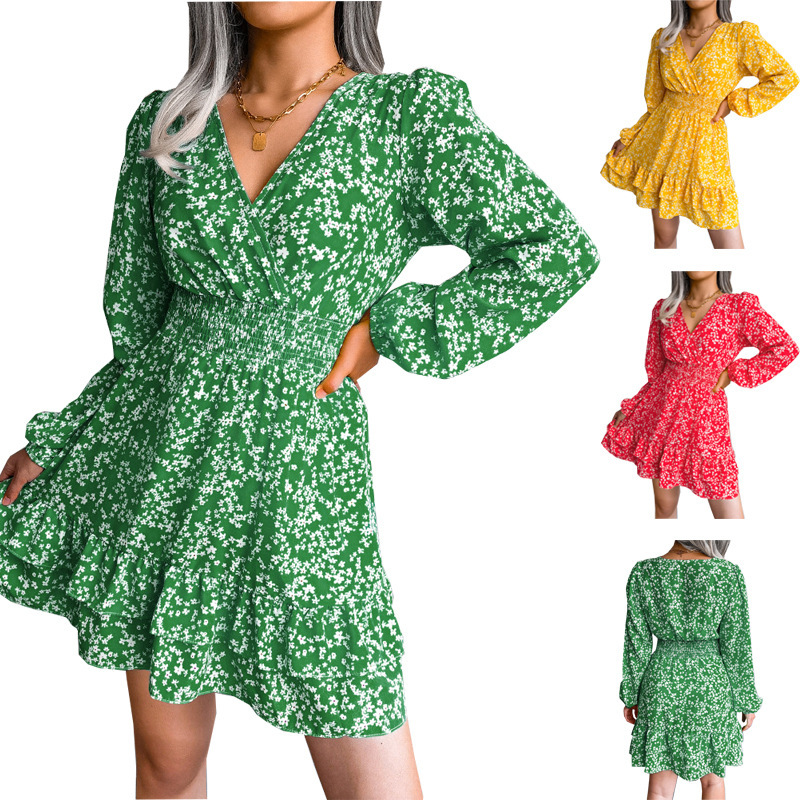Sexy Floral Chiffon Dress V-Neck Long Sleeve High Waist A-Line Midi