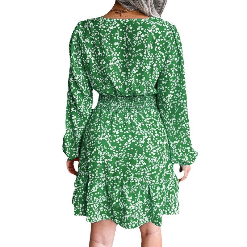 Sexy Floral Chiffon Dress V-Neck Long Sleeve High Waist A-Line Midi