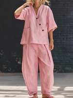 Women's Casual Solid V-Neck Short Sleeve Top and Pants Two-Piece Set
