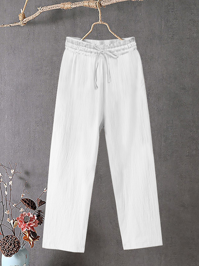 Women's Cotton Linen Wide Leg Pants Elastic Waist Solid Color Loose Fit