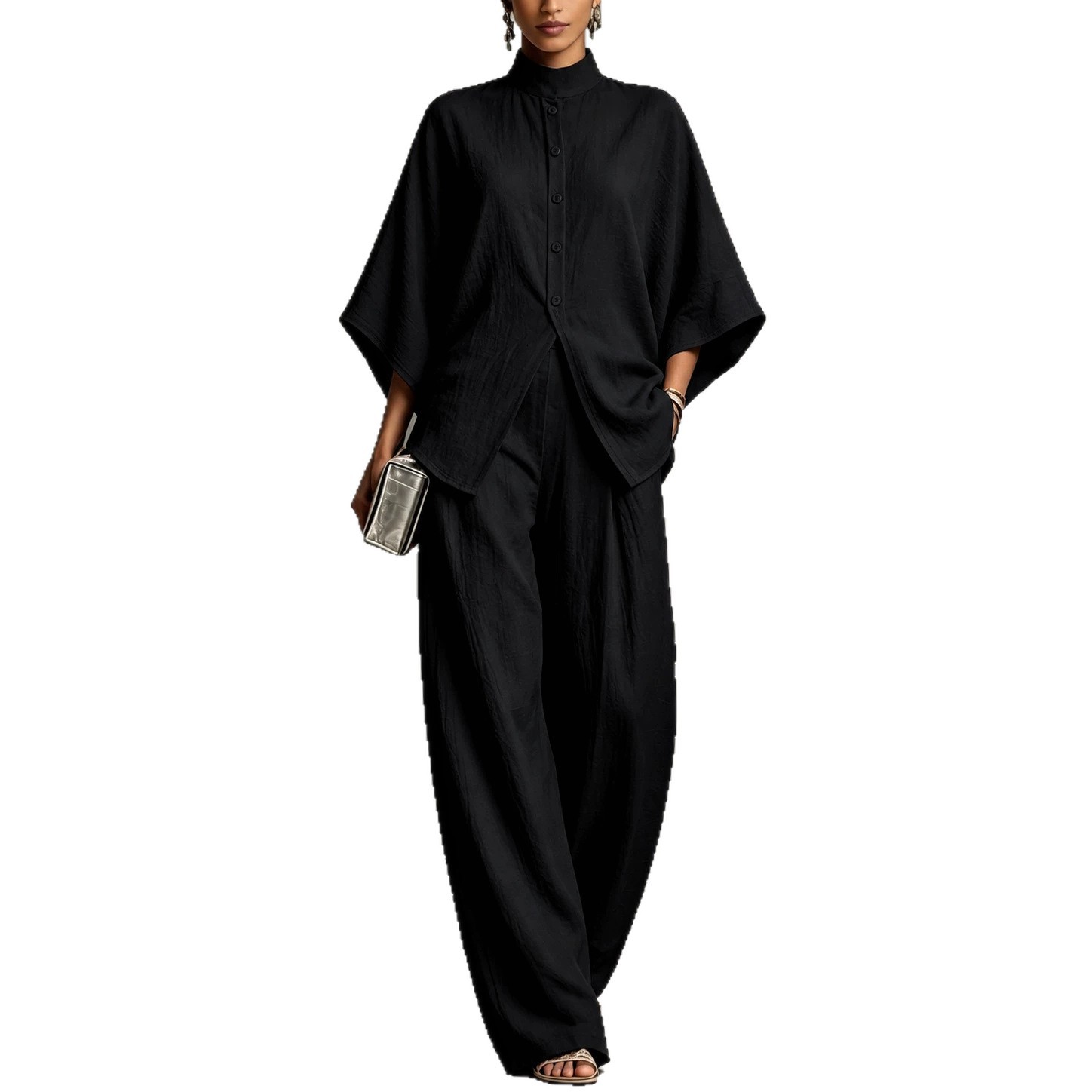 Women's Stand Collar Batwing Sleeve High Waist Wide Leg Two-Piece Set