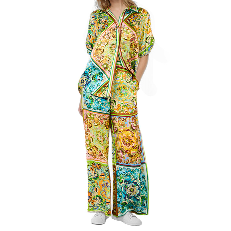 Retro Print Two-Piece Set with Lantern Sleeves and Collared Shirt