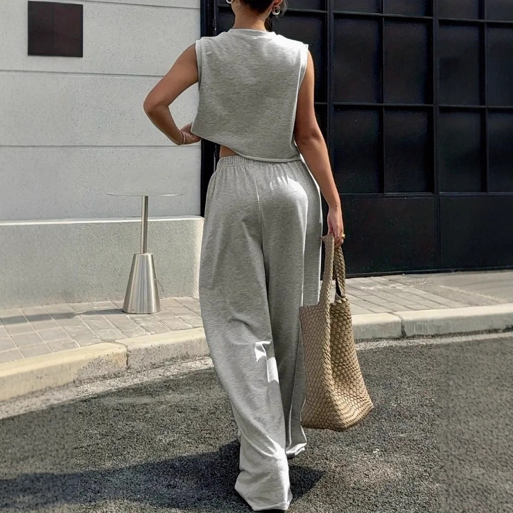 Women's Casual Wide-Leg Two-Piece Set with Round Neck Sleeveless Top and Solid Color Pants