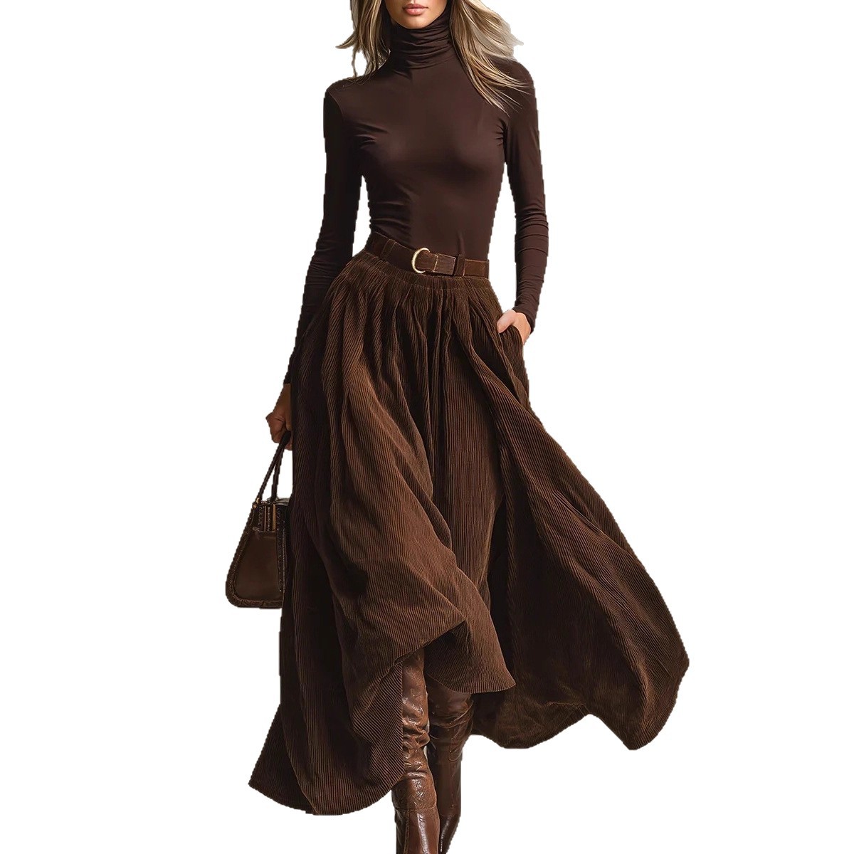 Retro Corduroy High-Waist Flared Midi Skirt & Solid Top Set